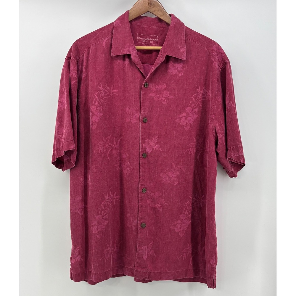 Tommy Bahama Camp Shirt 100% Silk Men Large Original Fit Maroon Floral Aloha
